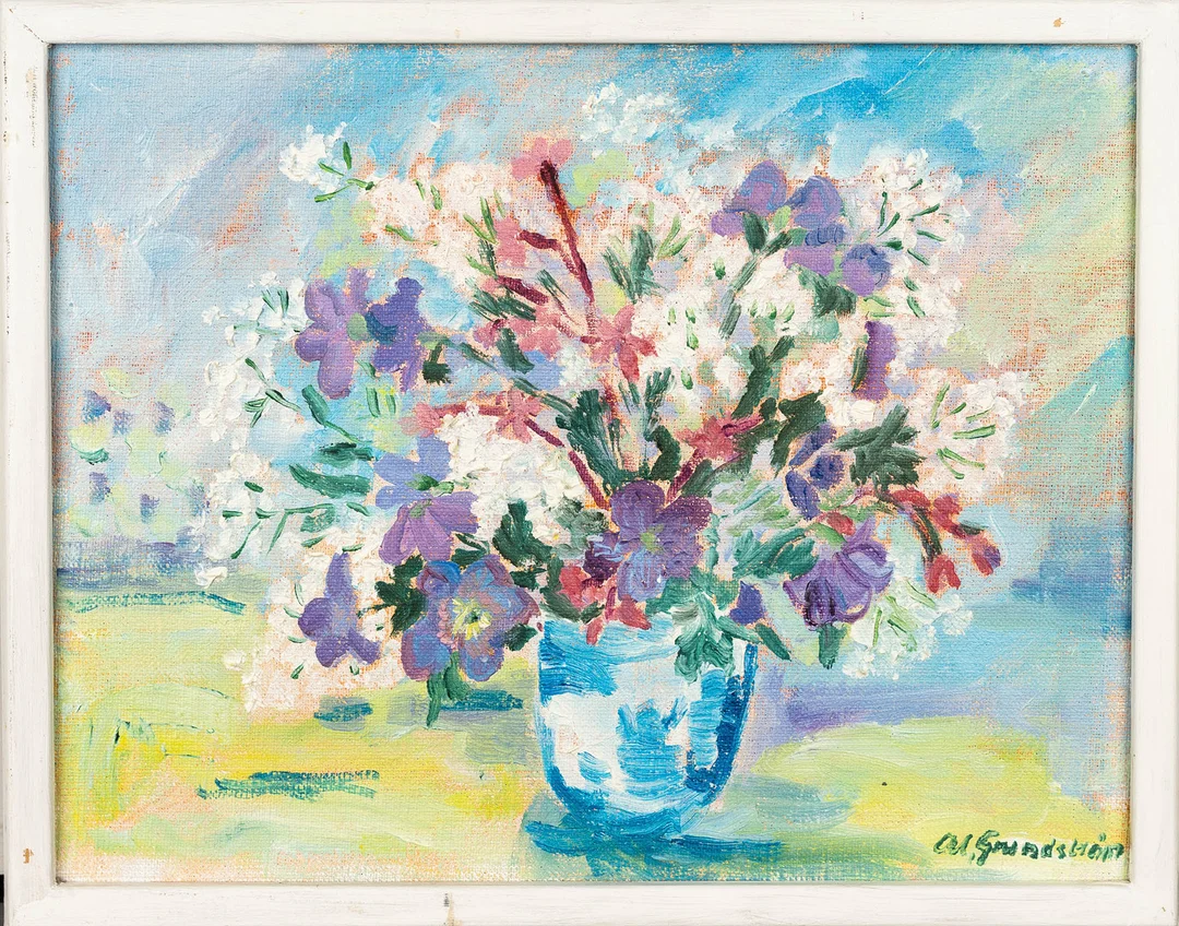 ANNA-LISA GRUNDSTRÖM. Olja på duk, "Från Sommarängen", Signerad och daterad 1988. — Paintings — Norrlands Auktionsverk