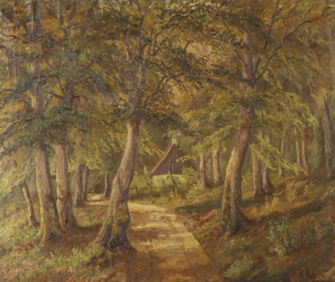 OIDENTIFIERAD KONSTNÄR. Skogsparti med hus, olja på duk, otydligt signerad. — Paintings — Helsingborgs Auktionskammare