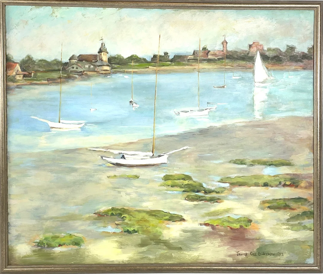OIDENTIFIERAD KONSTNÄR, olja på duk, vik med segelbåtar för ankar, signerad Janith Gee Biörkman samt daterad -82. — Paintings — Roslagens Auktionsverk
