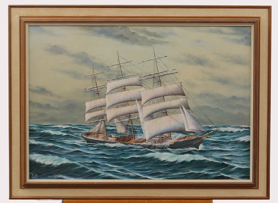 OIDENTIFIERAD KONSTNÄR. Olja på duk, skepp till havs, signerad. — Paintings — Limhamns Auktionsbyrå