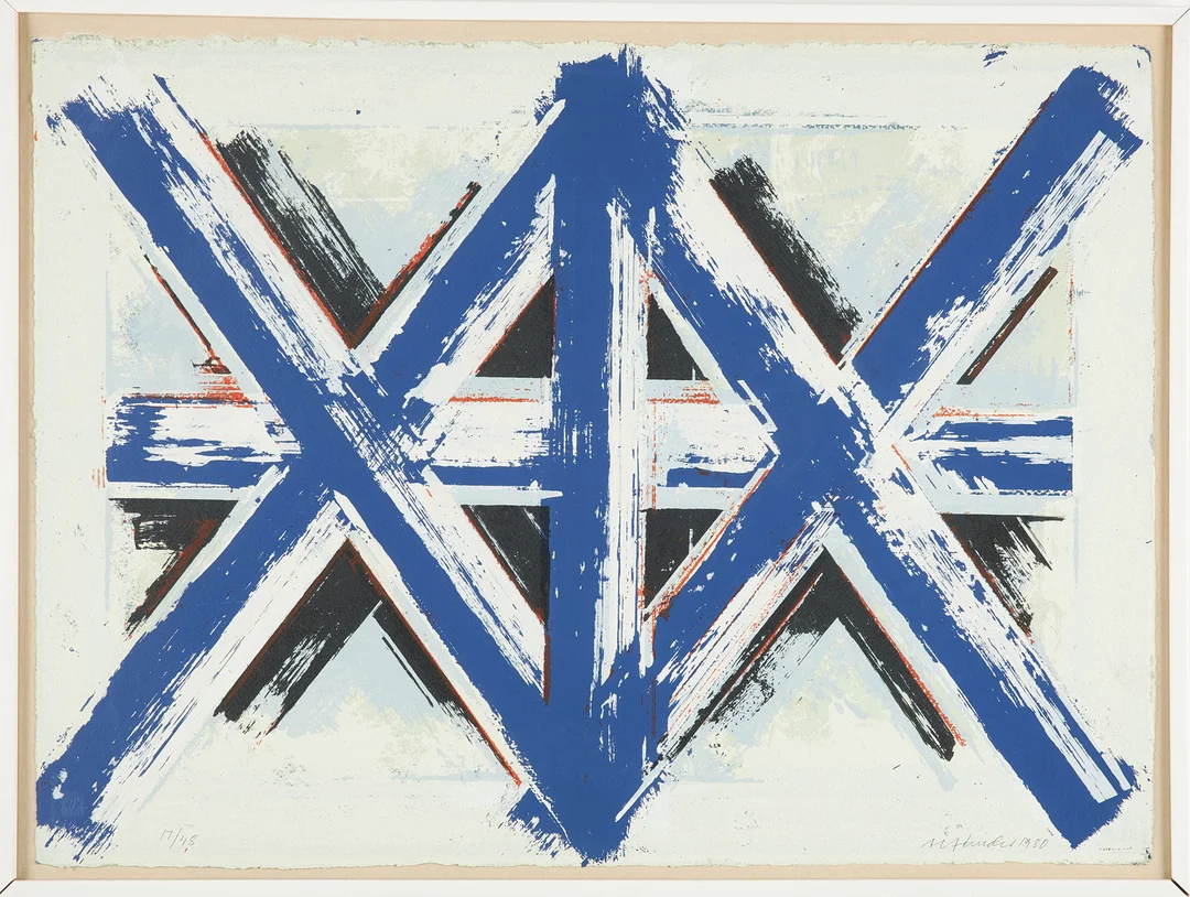 ALF LINDER. Komposition, litografi, signerad och daterad 1980, numrerad 17/48. — Engravings & Prints — Stockholms Auktionsverk Sickla