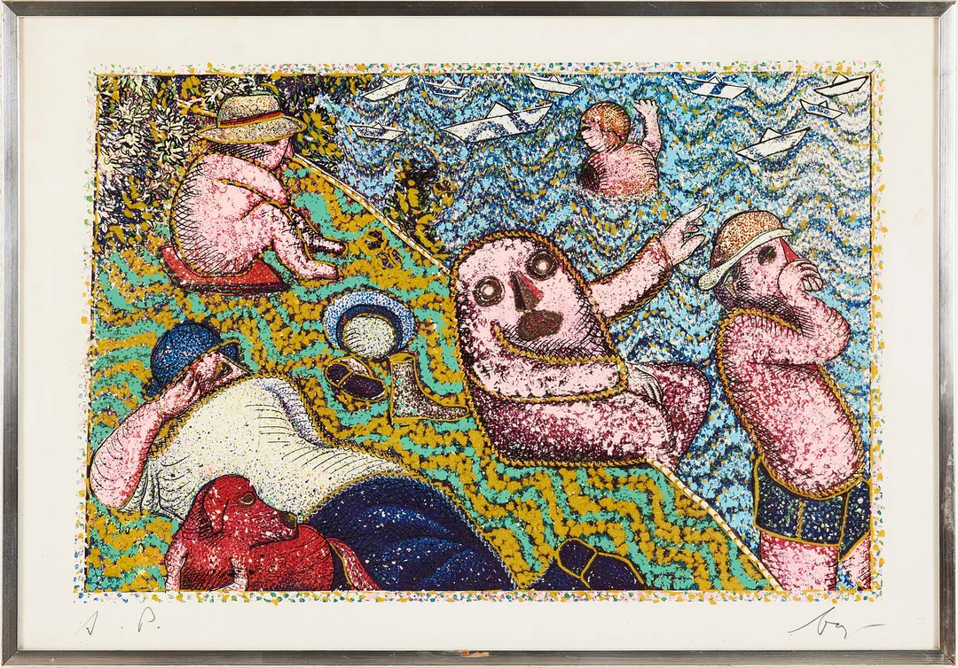 ENRICO BAJ. "La baignade", färgseriegrafi med glitterapplikation, AP, signerad. — Engravings & Prints — Stockholms Auktionsverk Magasin 5