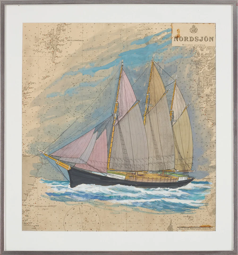 AXEL OLSSON. "Med trä till Aberdeen", gouache på sjökort, signerad och daterad, -83. — Paintings — Stockholms Auktionsverk Sickla