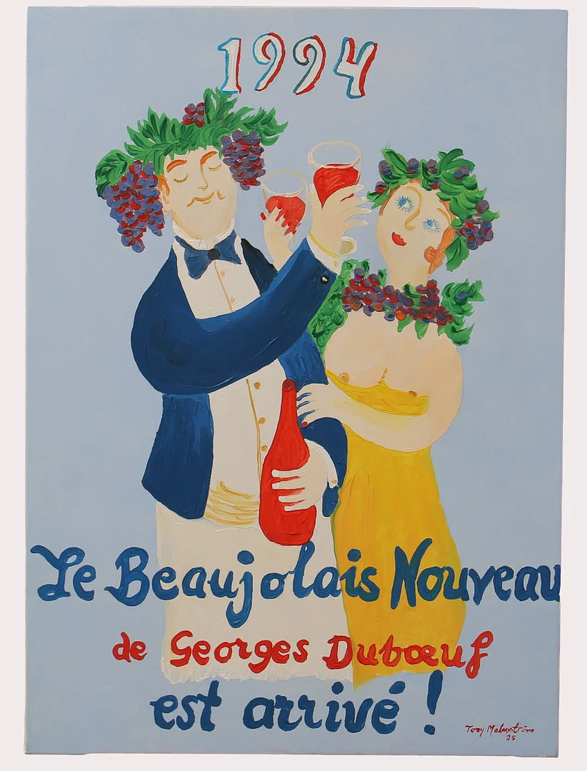 TONY MALMSTRÖM. Olja på duk, skålande par, Le Beaujolais Nouveau, signerad, daterad 2025. — Paintings — Limhamns Auktionsbyrå