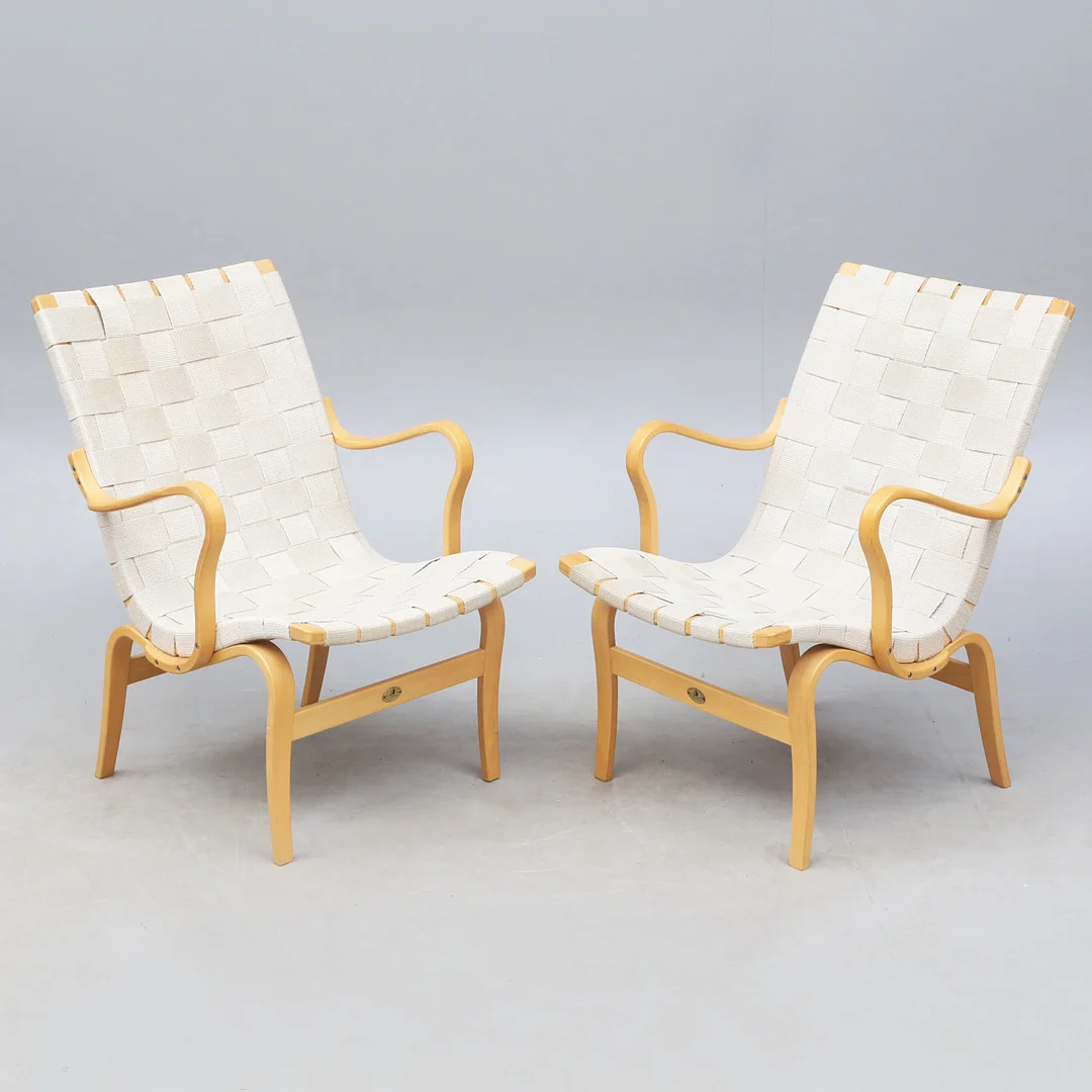 BRUNO MATHSSON. FÅTÖLJER 1 par, Dux, stämpelsignerade och brickmärkta Eva 60 år. — Armchairs & Chairs — Kalmar Auktionsverk