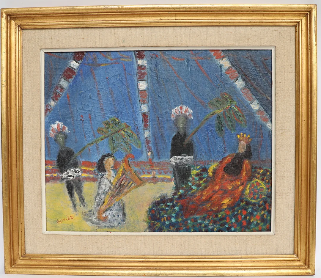 OIDENTIFIERAD KONSTNÄR. Figurer, oljemålning på pannå, otydligt signerad. — Paintings — Falun Auktionsbyrå