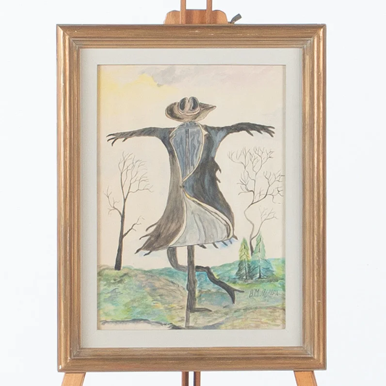 OIDENTIFIERAD KONSTNÄR. Akvarell, Fågelskrämma, daterad 1951, monogramsignerad "BM". — Paintings — Laholms Auktionskammare