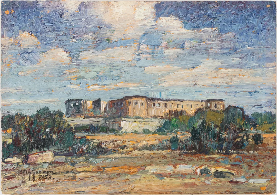 STIG JONZON. "Borgholms slottsruin", olja på pannå, signerad och daterad 1953. — Paintings — Stockholms Auktionsverk Helsingborg