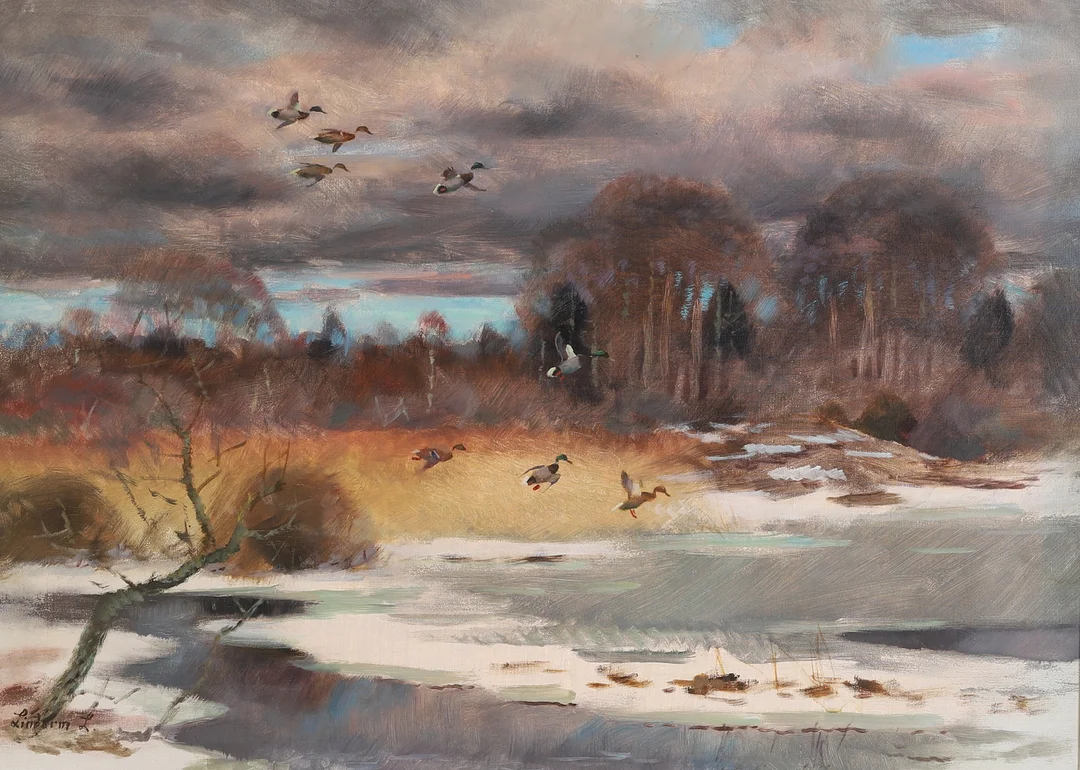 LINDORM LILJEFORS. Olja på duk, vinterlandskap med fåglar, signerad. — Paintings — RA Auktionsverket Norrköping