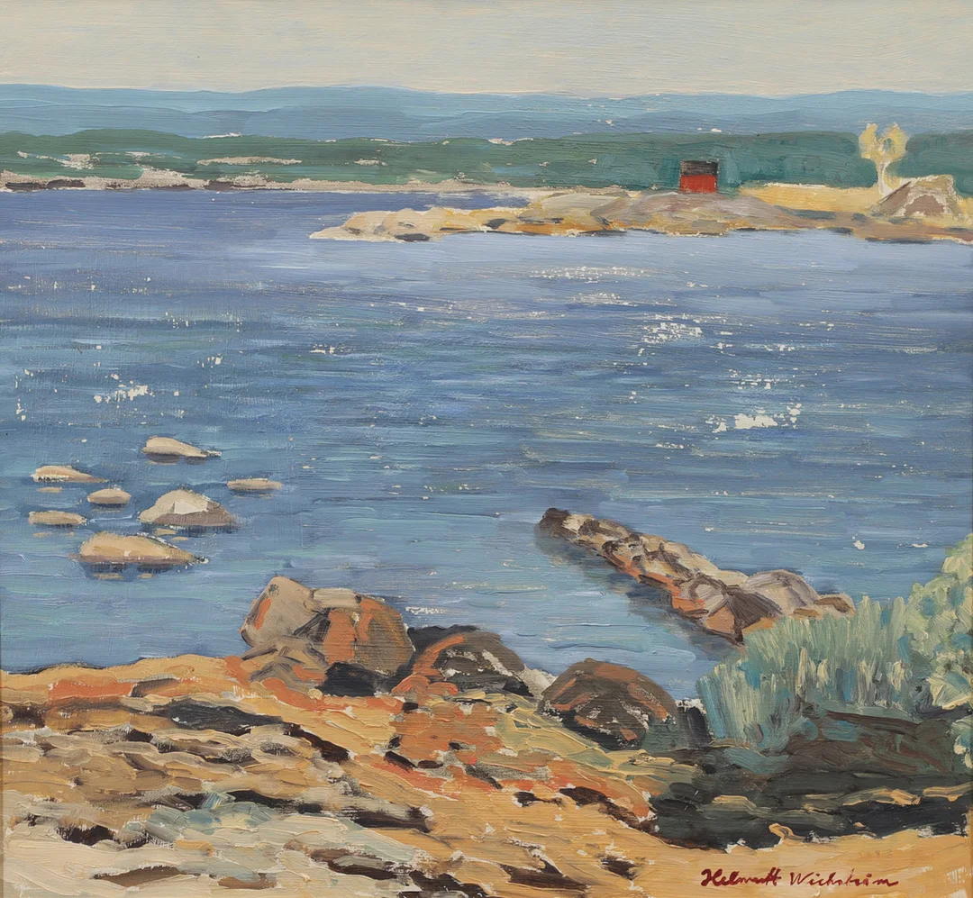 HELMUTH WICKSTRÖM. Havsvik med stuga. Olja på pannå, signerad. — Paintings — Växjö Auktionskammare