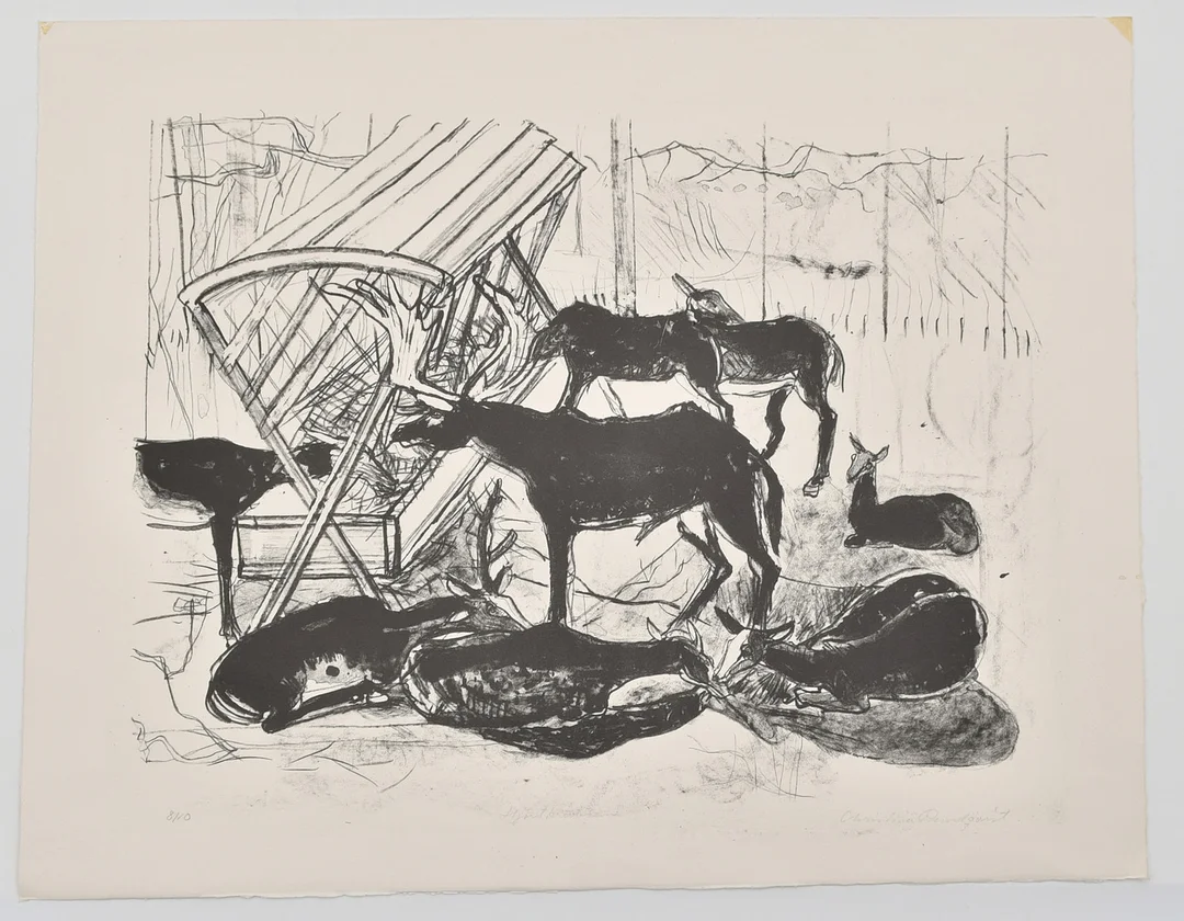 CHRISTINA RUNDQUIST. Hjort krubban. Linje- och akvatintetsning nr 8/10. — Engravings & Prints — Connoisseur Bokauktioner