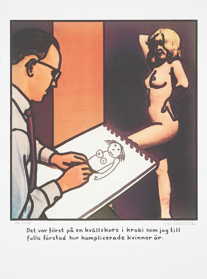 JAN STENMARK. "Det var först på en kvällskurs i kroki som jag till fullo förstod hur komplicerade kvinnor är", färgoffsettryck, signerad och numrerad AP 19/50. — Engravings & Prints — Stockholms Auktionsverk Sickla