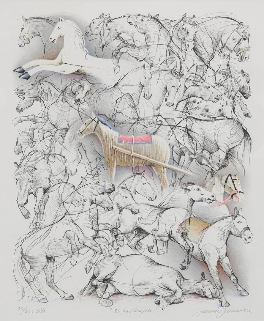 JANERIC JOHANSSON. färglitografi, "30 hästkrafter", numrerad 33/225, signerad. — Paintings — Auktionsmagasinet Vänersborg