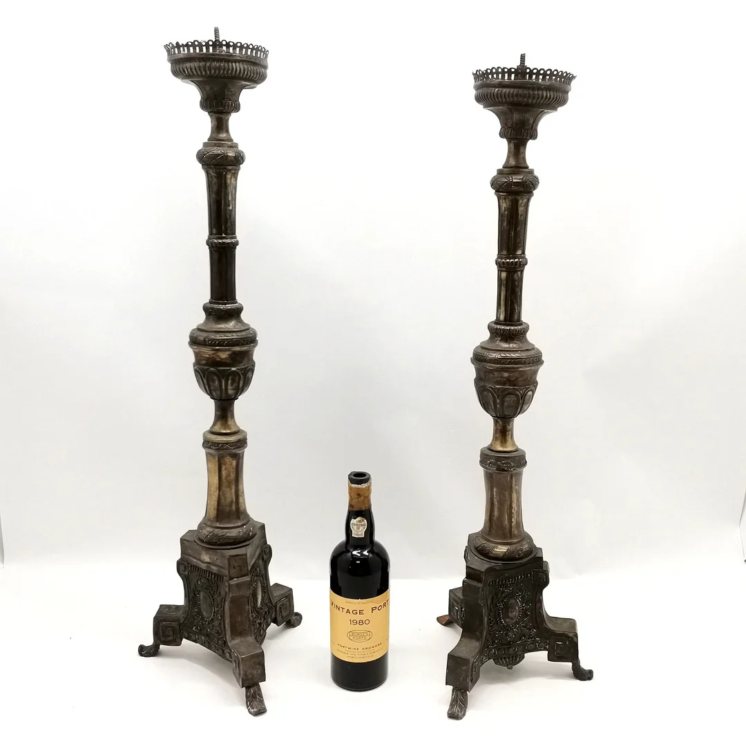 ANTIQUE LARGE FLOORSTANDING PAIR METAL CANDLESTICKS. — Candlesticks — Acreman St Auctioneers & Valuers