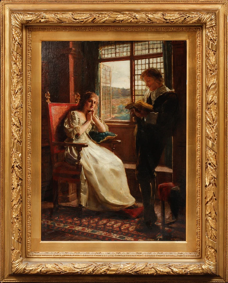 MARGARET ISABEL DICKSEE. Högläsning vid fönster, olja på pannå, 1800-talets slut. — Paintings — Göteborgs Auktionsverk