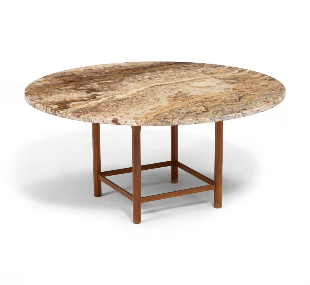 Swedish furniture design: Circular coffee table with teak frame. Marble top. H. 46 cm. Diam. 100 cm. — Modern Furniture — Bruun Rasmussen