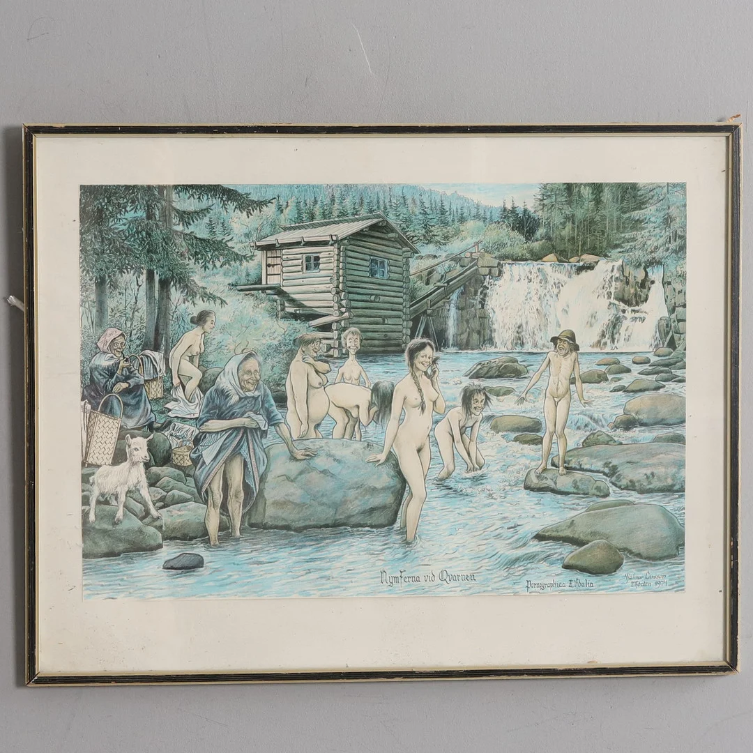 HJALMAR LARSSON (ÄLVDALEN). "Nymferna vid Qvarnen / Pornographica Elfdalia", grafiskt tryck. 1971. — Engravings & Prints — Örebro Stadsauktioner