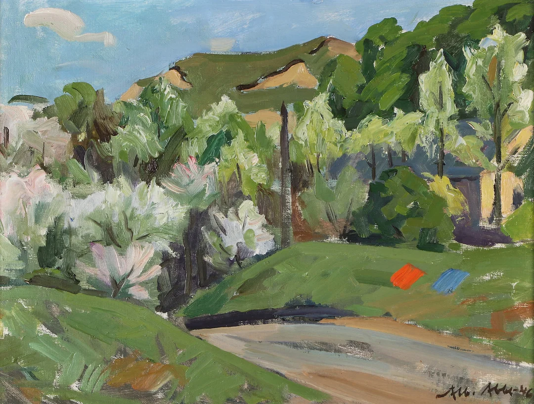 ALBERT ABBE. Oljemålning på duk, Grönskande landskap. Signerad och daterad -46. — Paintings — Skånes Auktionsverk