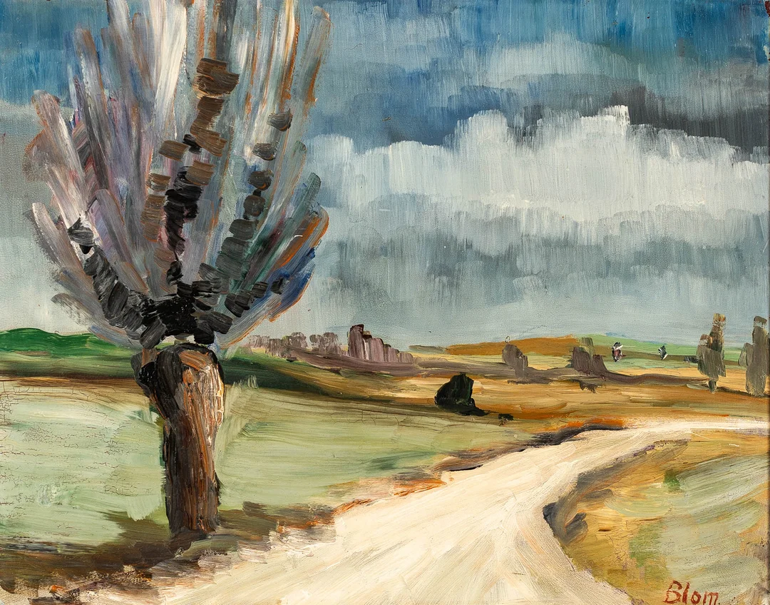 PELLE BLOM. Olja på pannå, Landskapsmotiv, Signerad 1900-tal. — Paintings — Norrlands Auktionsverk