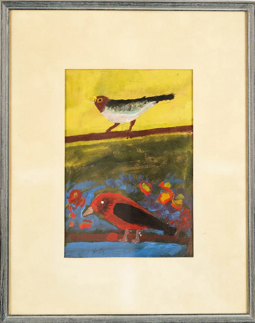 ALFRED FREDRIKSSON. Blandteknik på papper, "En glad och en ledsen fågel", Signerad, 1970. — Paintings — Norrlands Auktionsverk