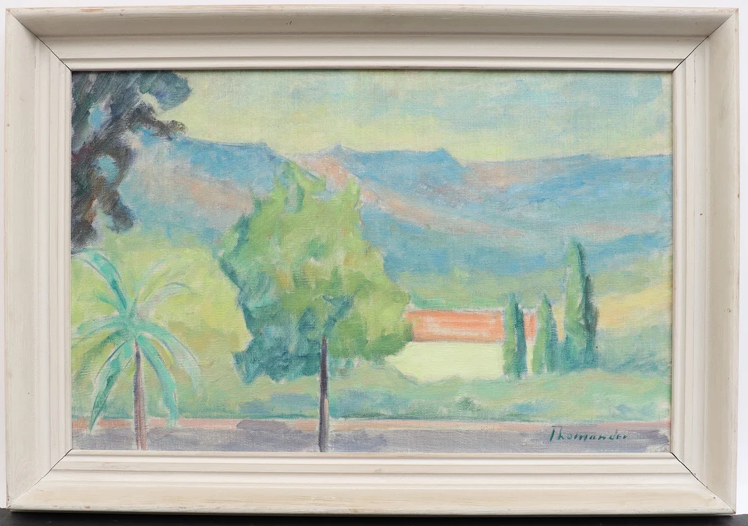 HARRY THOMANDER. Sydländskt landskap, oljemålning på duk, signerad. — Paintings — Falun Auktionsbyrå