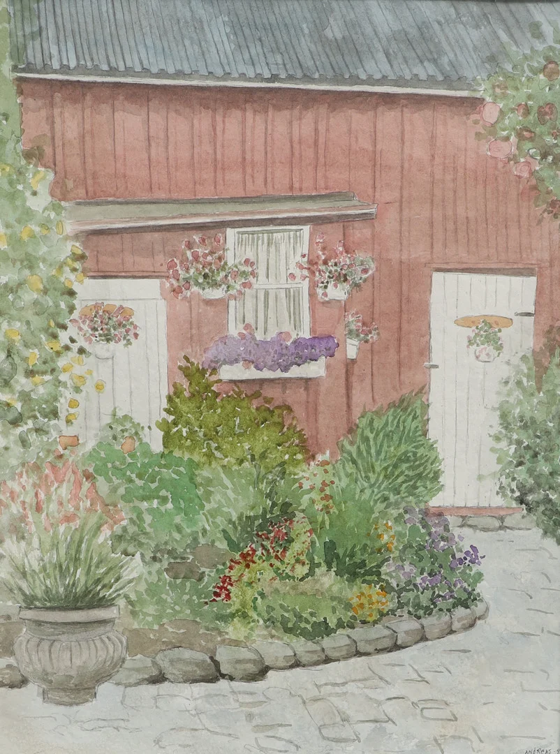 ANDREAS BJÖRKLUND. Akvarell, Gårdshus med blommor, signerad, daterad -92. — Paintings — Ekenbergs Auktioner