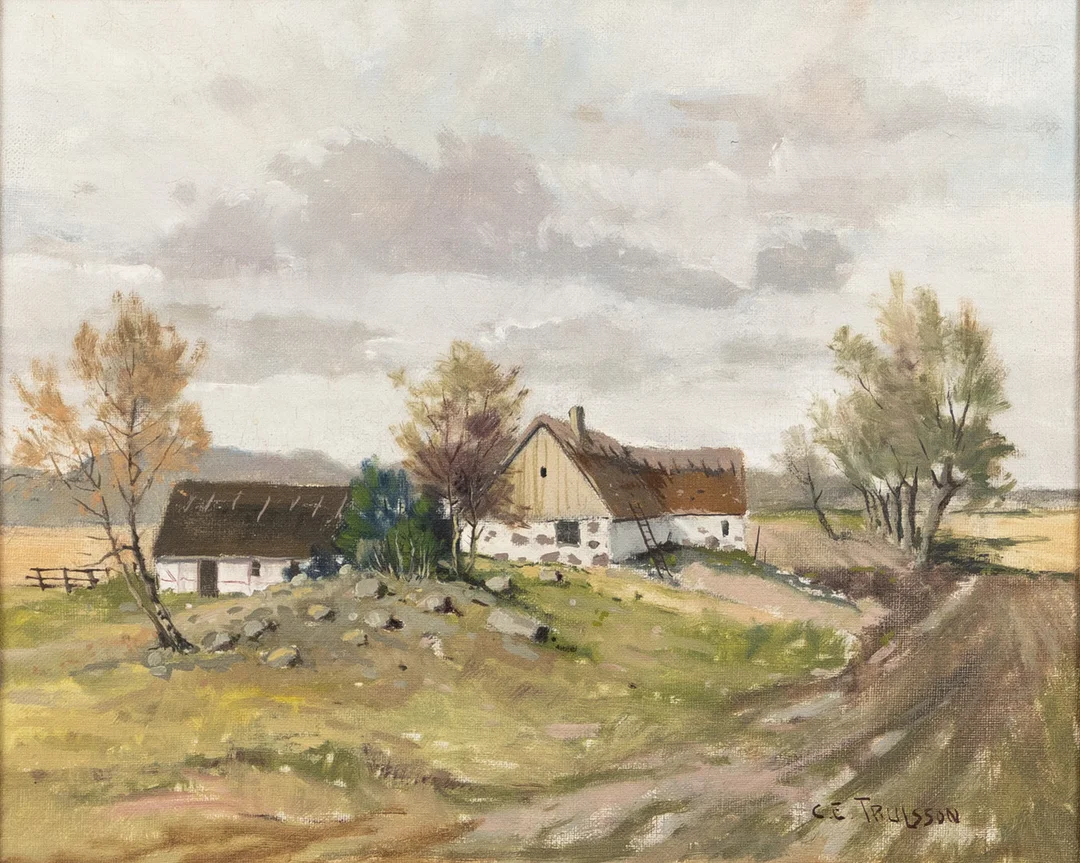 CARL ERIK TRULSSON. Olja på duk, gårdsmotiv, signerad. — Paintings — Karljohan Auktioner