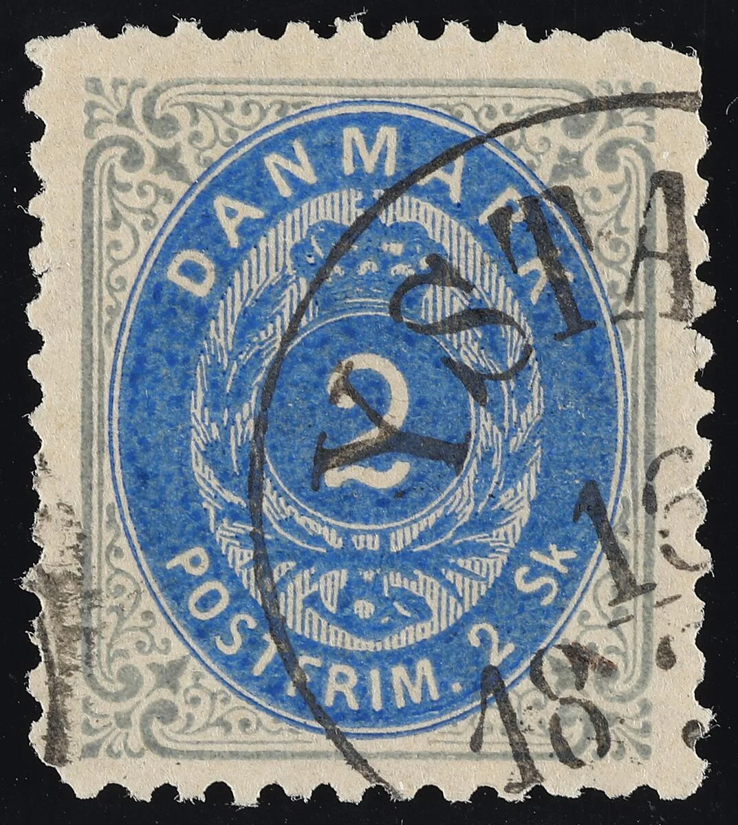 1870. 2 Skilling, grey/ultramarine. Line-perforated 12 1/2. Fine stamp with Swedish canc. YSTA(D) 16.3.18XX. Missing corner perf. below left and upper right — Stamps, Covers & Postal History/Denmark/1870-udgave — Bruun Rasmussen