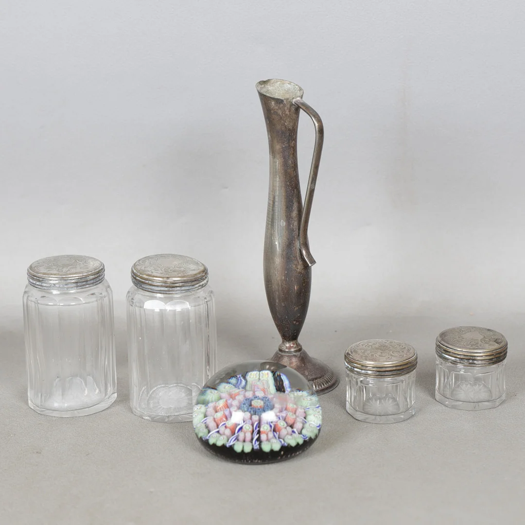 A MILLEFIORI GLASS PAPERWEIGHT AND FOUR GLASS AND SILVER PLATE DRESSING TABLE JARS AND POSY VASE (6). — Other — Bishop & Miller