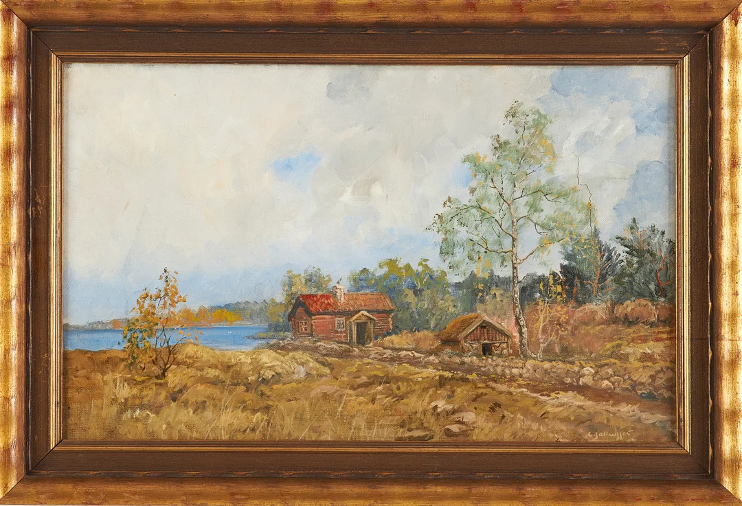 CARL JOHANSSON. Insjölandskap med stuga, olja på duk, signerad. — Paintings — Stockholms Auktionsverk Sickla