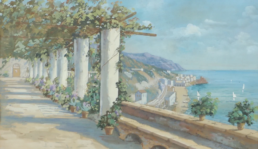 OIDENTIFIERAD KONSTNÄR. Sydländskt kustparti, akvarell, signerad Bora. — Paintings — Helsingborgs Auktionskammare