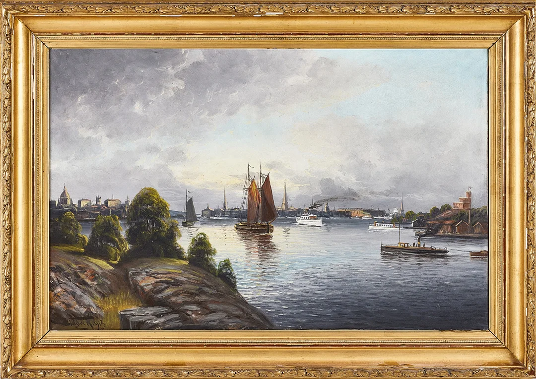 OIDENTIFIERAD KONSTNÄR. Stockholmsinlopp, olja på duk, signerad C Widgren, 1913. — Paintings — Stockholms Auktionsverk Magasin 5