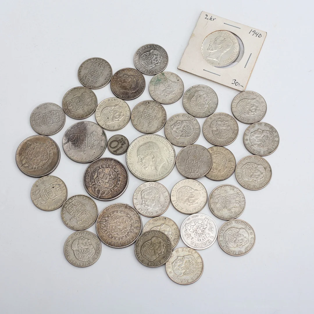 SILVERMYNT, 34 st, finvikt 121 gram, Sverige, 1900-tal. — Coins & Banknotes — Auktionshuset Thelin & Johansson