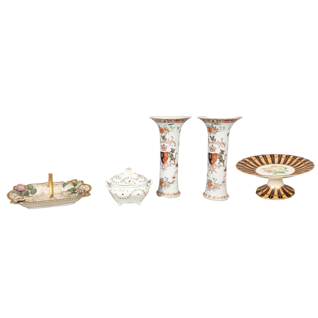 A PAIR OF ARMORIAL VASES TOGETHER WITH A ROYAL CROWN DERBY TREEN AND COVER, A TAZZA, AND A BASKET (5). — European — Bishop & Miller