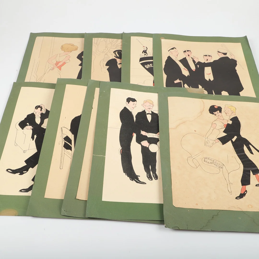 CARL HENRIK JENSEN-CARLÉN. Grafiska tryck, 9 stycken, ur "Drag ur studentens liv", signerade och daterade i trycket CC -17. — Engravings & Prints — Helsingborgs Auktionskammare