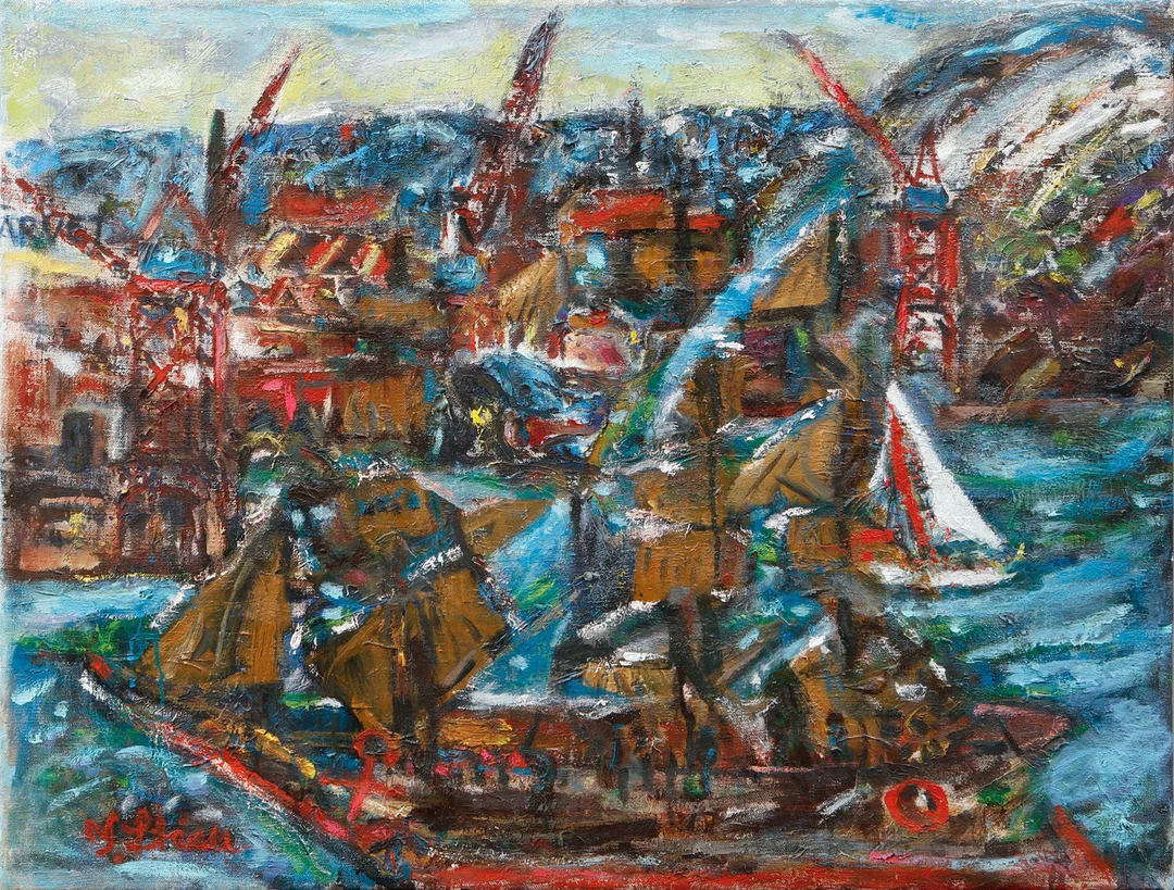 YNGVE STEEN. Hamnmotiv, olja på duk, signerad. — Paintings — Göteborgs Auktionsverk