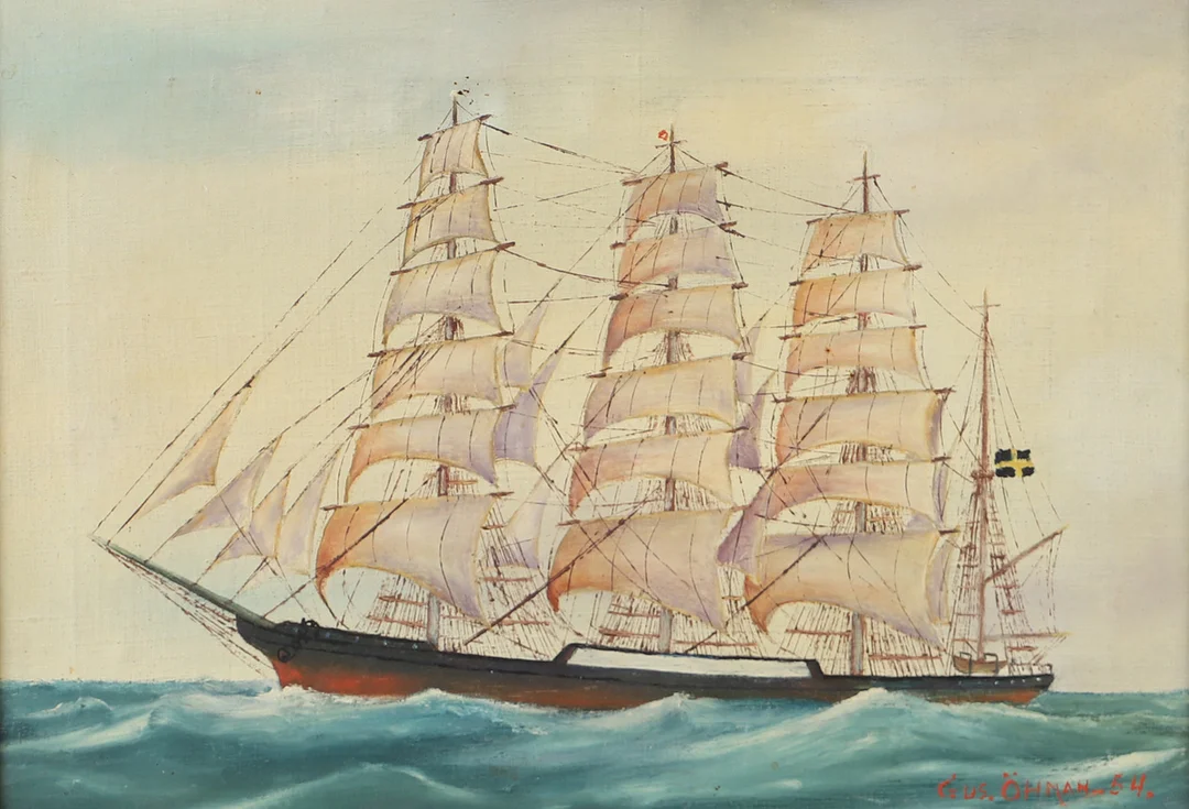 OIDENTIFIERAD KONSTNÄR. Fartyg, olja på duk, signerad Gus. Öhman -54. — Paintings — Helsingborgs Auktionskammare