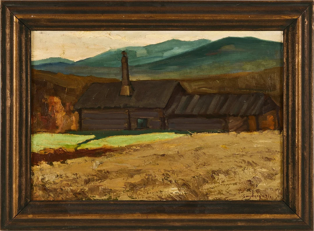 OIDENTIFIERAD KONSTNÄR. Fäbodar, motiv från Skansberg (Dalarna), olja på duk. — Paintings — Stockholms Auktionsverk Magasin 5