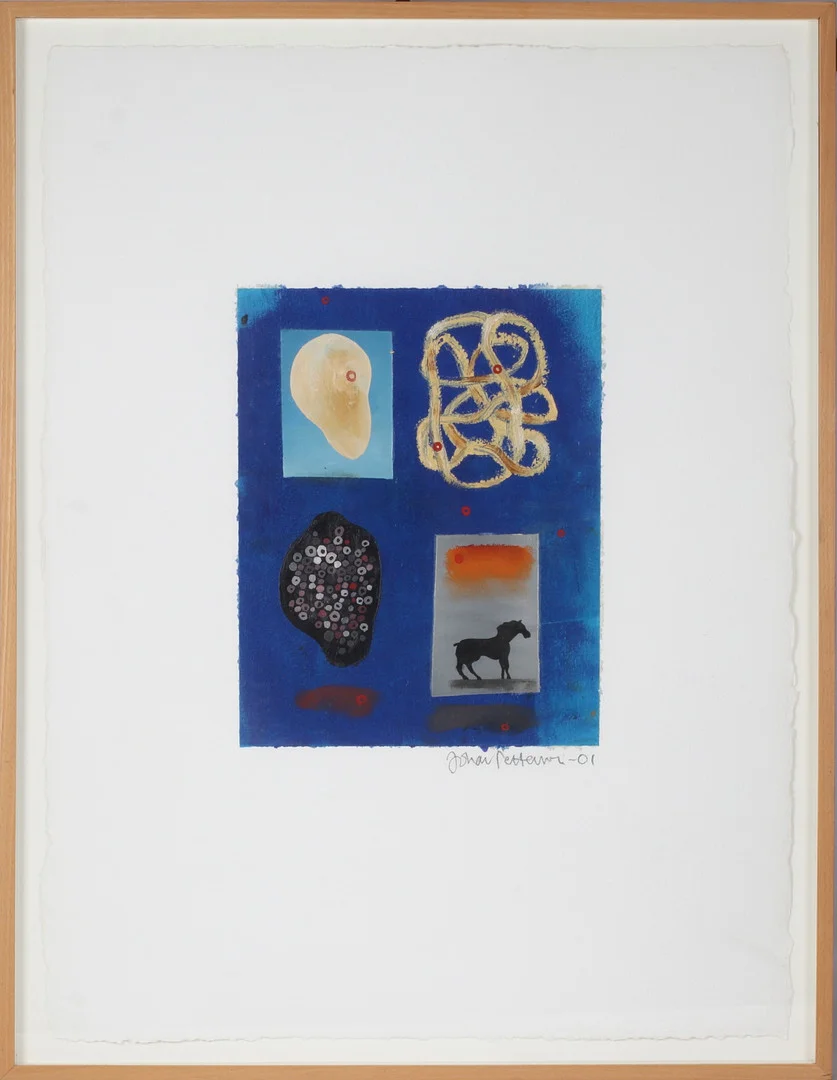 JOHAN PETTERSON. Komposition, blandteknilk på papper, signerad och daterad 01. — Paintings — Stadsauktion Sundsvall