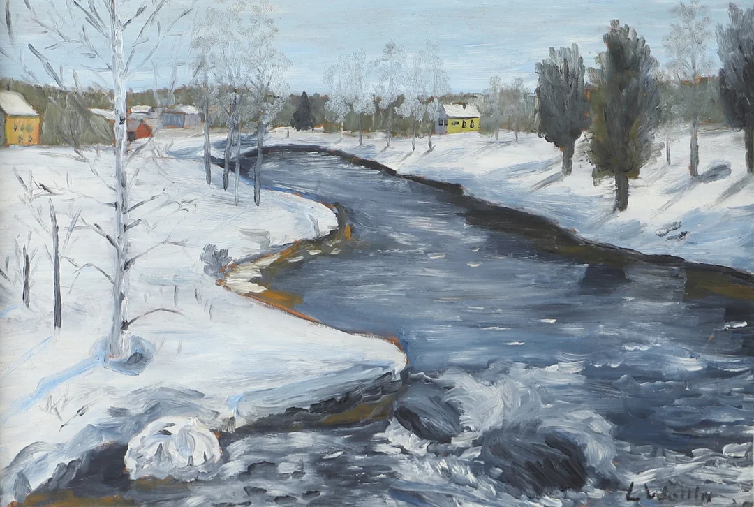 OIDENTIFIERAD KONSTNÄR. Vinterbäck, olja på pannå, signerad L. Wallin. — Paintings — Helsingborgs Auktionskammare