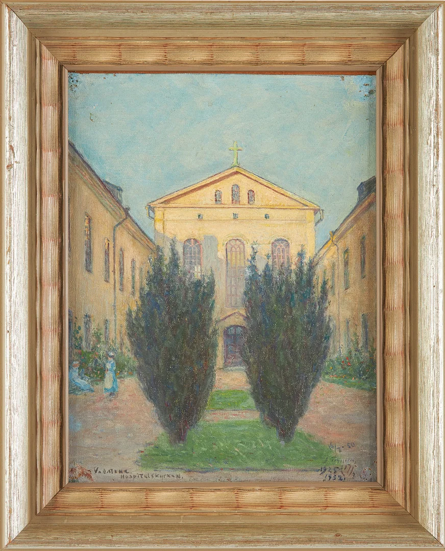 ERIK TRYGGELIN. "Vadstena Hospitalskyrkan", olja duk uppfodrad på pannå, signerad samt multipla dateringar. — Paintings — Stockholms Auktionsverk Sickla