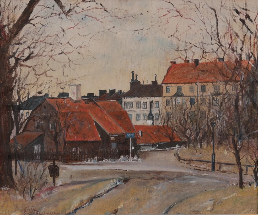 ERIK SKOGLUNDH. Stadsmotiv, olja på duk, signerad och daterad -57. — Paintings — Auktionsfirma Kenneth Svensson i Kalmar