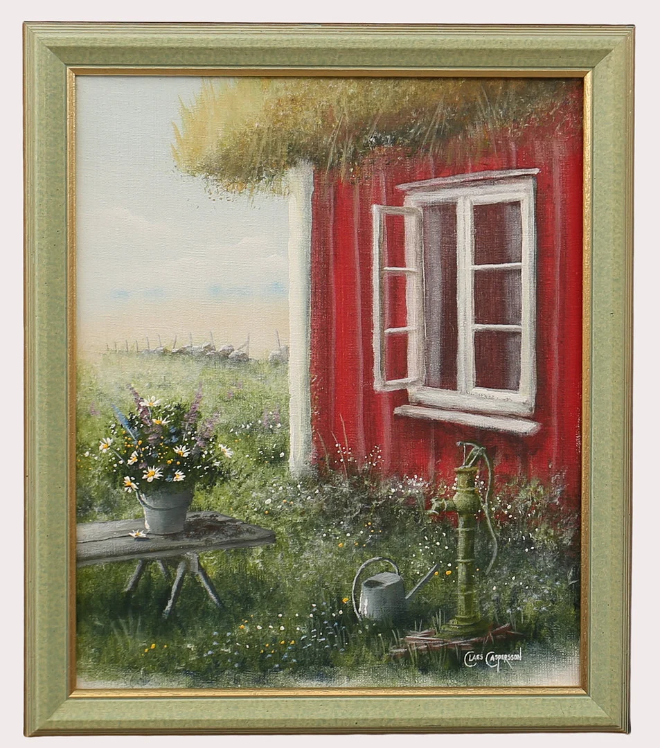 CLAES CASPERSSON. Olja på duk, blomsteräng utanför fönstret, signerad. — Paintings — Limhamns Auktionsbyrå