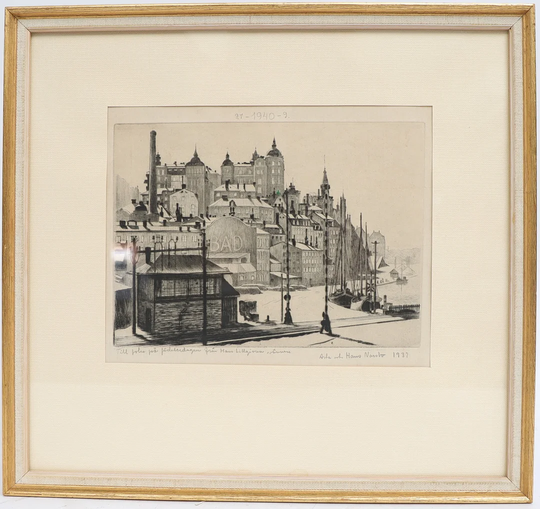 HANS NORSBO. Motiv från Stockholm, etsning, signerad och daterad 1939, med dedikation. — Engravings & Prints — Falun Auktionsbyrå