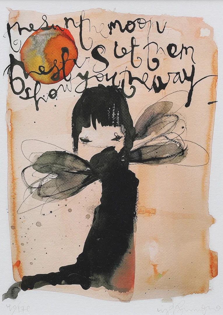 LISA RINNEVOU. färglitografi, "The sun, the moon let them show you the way", numrerad 40/170, signerad. — Engravings & Prints — Auktionsmagasinet Vänersborg