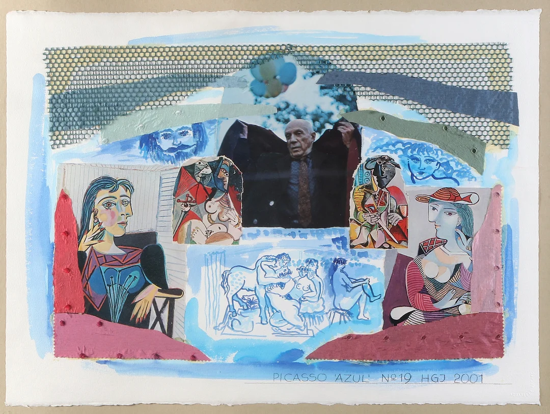 OIDENTIFIERAD KONSTNÄR, SIGNERAD HGJ 2001. Collage. "Picasso Azul". — Other — Skånes Auktionsverk