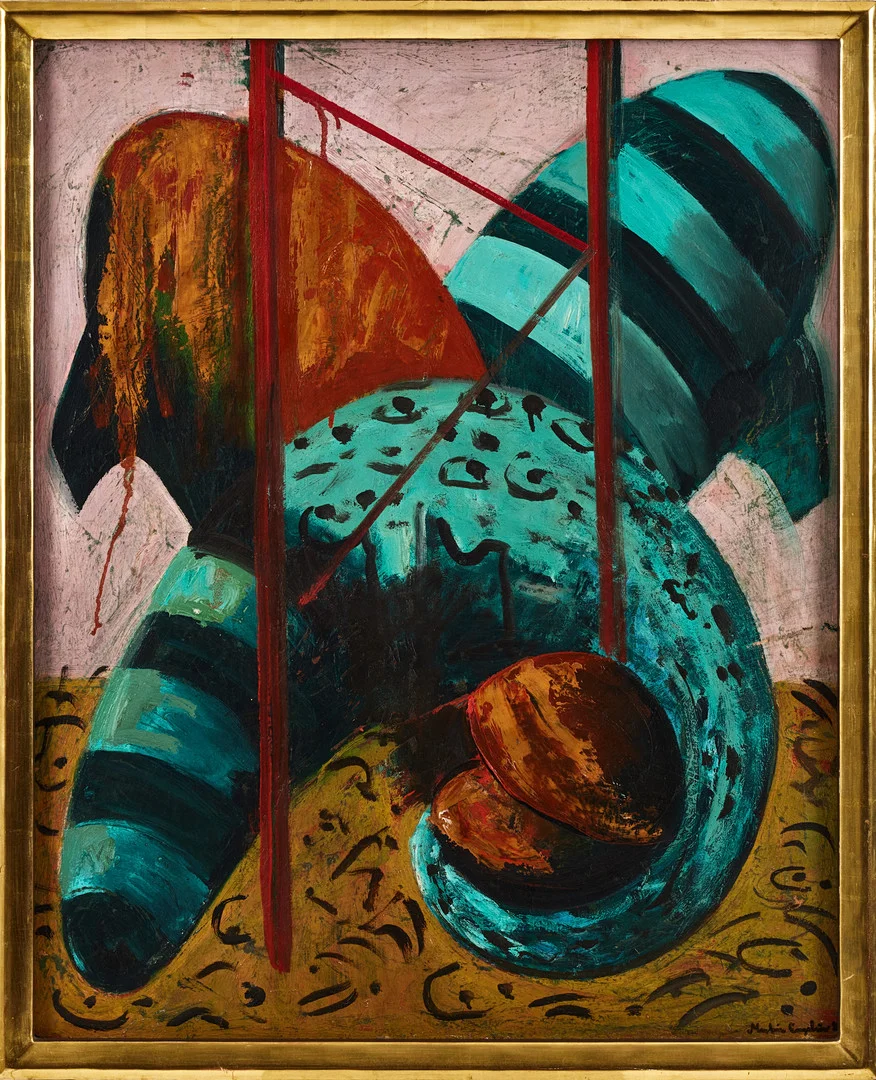 MARTIN ENGSTRÖM. Abstrakt komposition, olja på pannå, signerad samt daterad 1985. — Paintings — Stockholms Auktionsverk Magasin 5