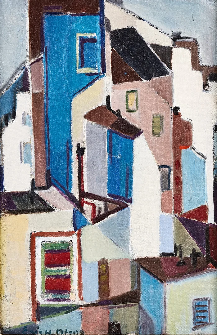 ERIC H. OLSON. Stadsbild, olja på pannå, signerad. — Paintings — Stockholms Auktionsverk Magasin 5
