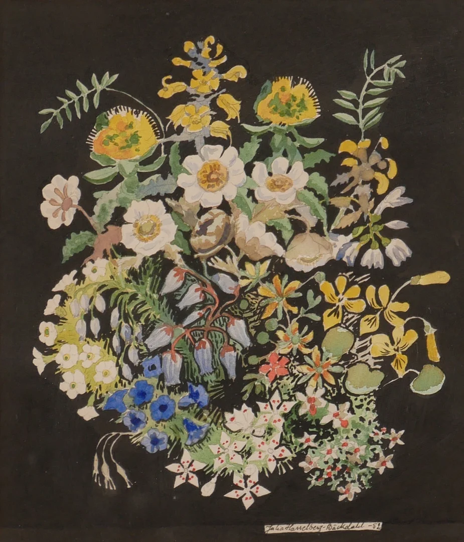 JULIA HASSELBERG-BÄCKDAHL. Blomster, akvarell op svart papper, signerad och daterad -52. — Paintings — Auktionsfirma Kenneth Svensson i Kalmar