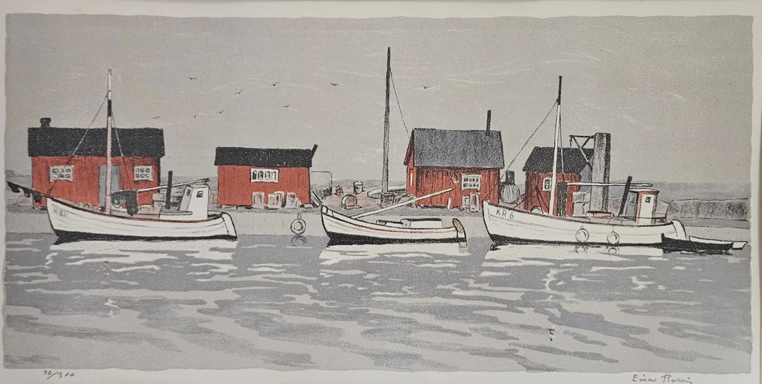 EINAR ROSÉN. Fiskebåtar. Färglitografi, signerad Einar Rosén och numrerad 40/300. — Engravings & Prints — Auktionshuset Thörner & Ek